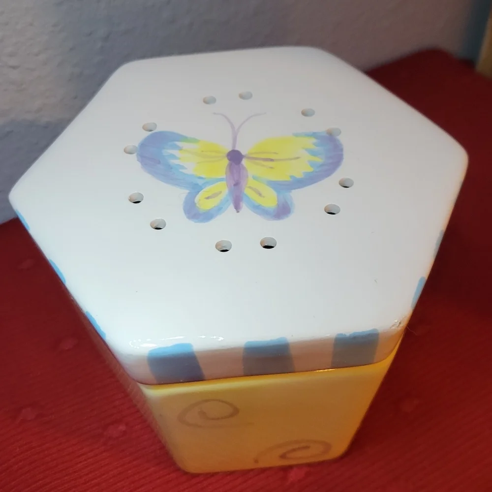 Vtg 2000 Butterfly Incense Potpourri Trinket Stash Ceramic Hexagon Lidded Box